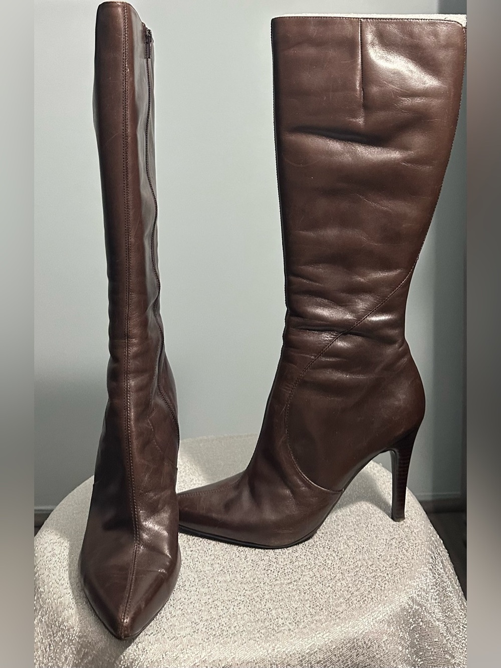 Nine West Brown Leather Over-the-Knee Pointed-Toe Stiletto Boots